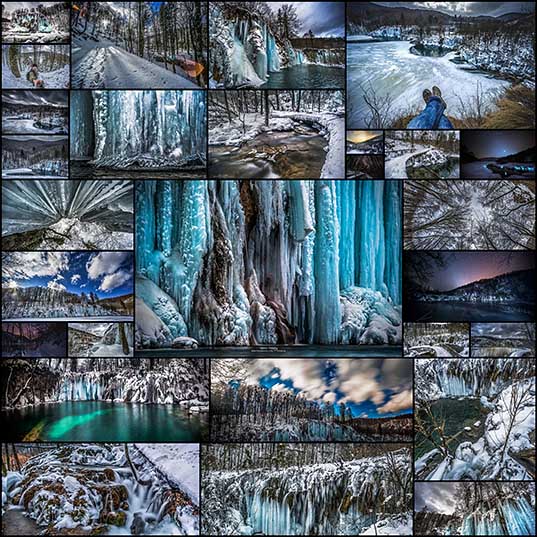 国立公園「プリトビチェ湖群」の凍った滝の数千人