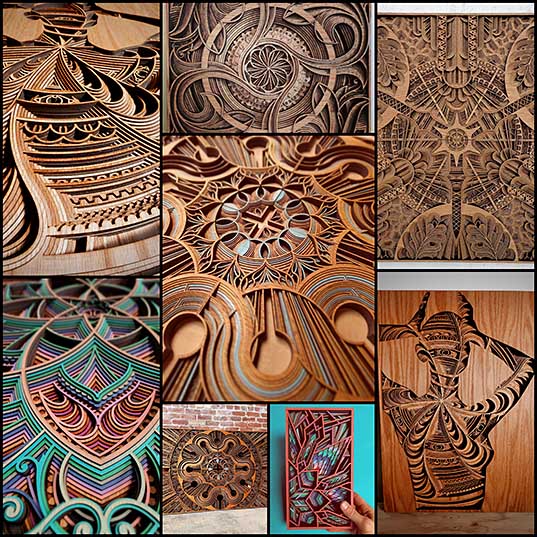 8 Cut Plywood Relief Sculptures Embedded with Mandalas and Geometric Patterns by Gabriel Schama Colossal