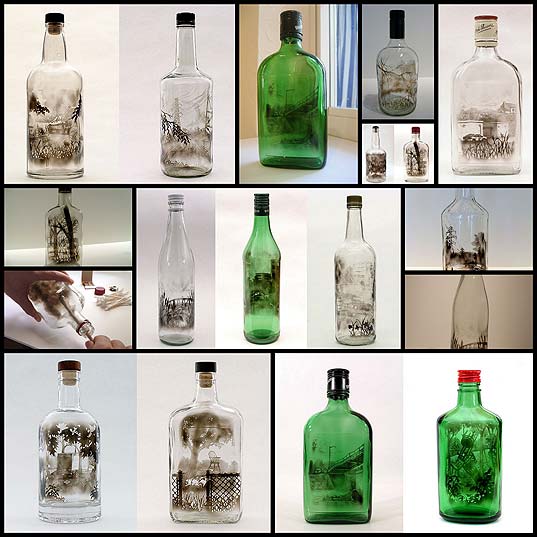 ボトルの内側を燻して描くボトルシップならぬボトルアート 12枚 いぬらぼ