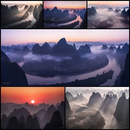 朝の霧の中桂林の中国の都市の美しい景色