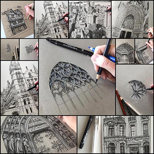 Phoebe Atkeyによるミリペンで描く 欧州のゴシックな建築物スケッチ 13枚 いぬらぼ